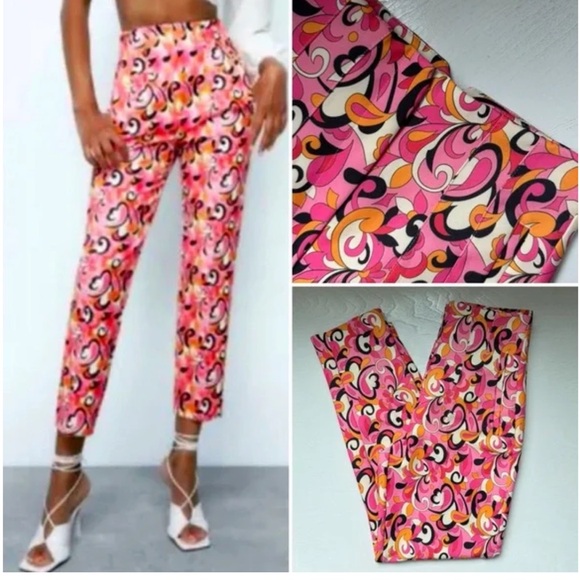 New ZARA Paisley Floral High Waisted Ankle Crop Pleated Trouser Pants size M - Picture 6 of 11